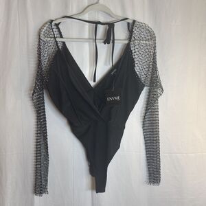 ENVME BLACK STRETCH RHINESTONE MESH BODYSUIT SNAP CROTCH Size Small NWT